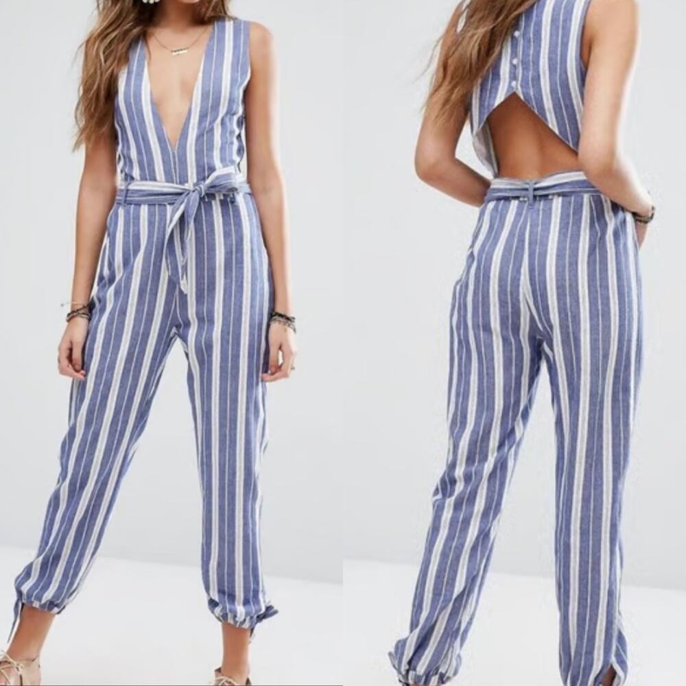 Tularosa Reese Jumpsuit Cut Out Belted‎ Indio Stripe Blue White Size Medium